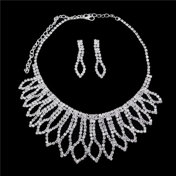 Rhinestone Crystal Cascade Keyhole Necklace Earring Set - Picture 1 of 3